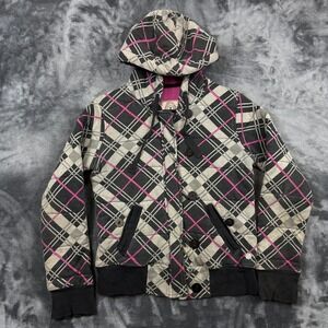 Empyre Quilted Hoodie Jacket Womens Large Black Pink Plaid Zip Up Button Front